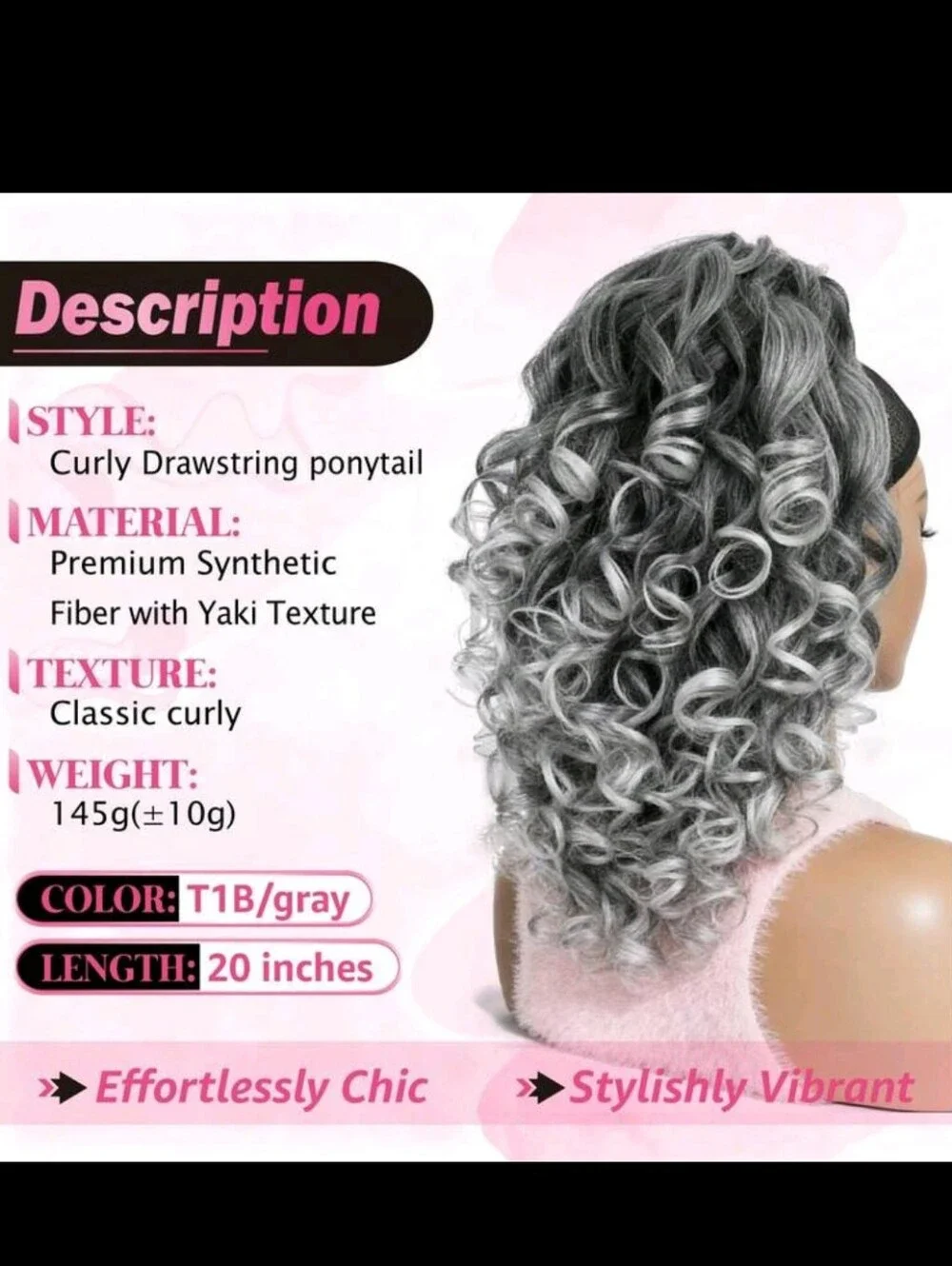 Gray Curly High Ponytail Hairpiece - T1B/Gray 20 Inches